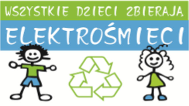 logo akcji, po obu stronach symbolu recyklingu postaci dzieci