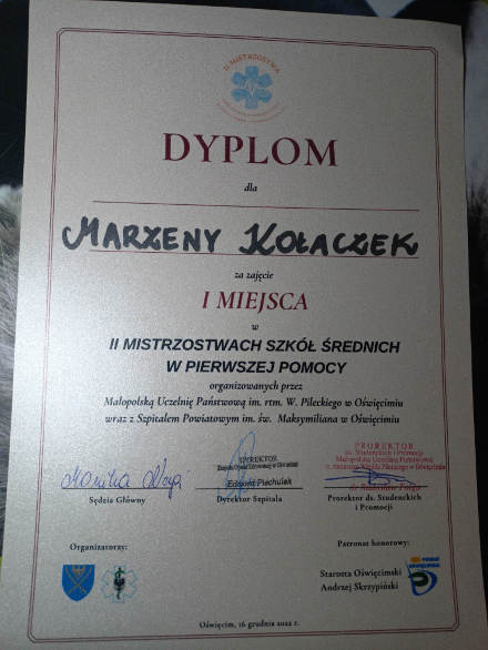 dyplom za zajęcie I miejsca dla Marzeny Kołaczek 