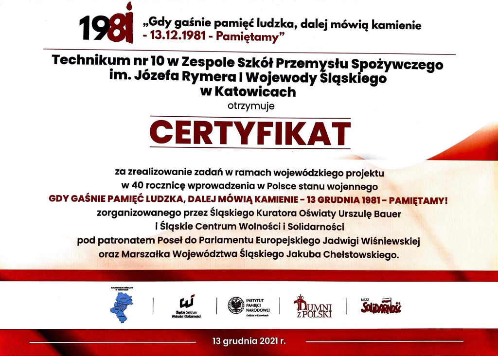certyfikat dla Technikum nr 10 za realizację projektu Pamięć81